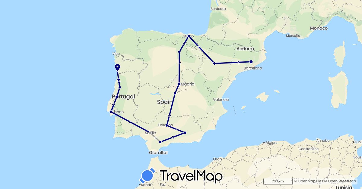 TravelMap itinerary: driving, plane in Spain, Portugal (Europe)